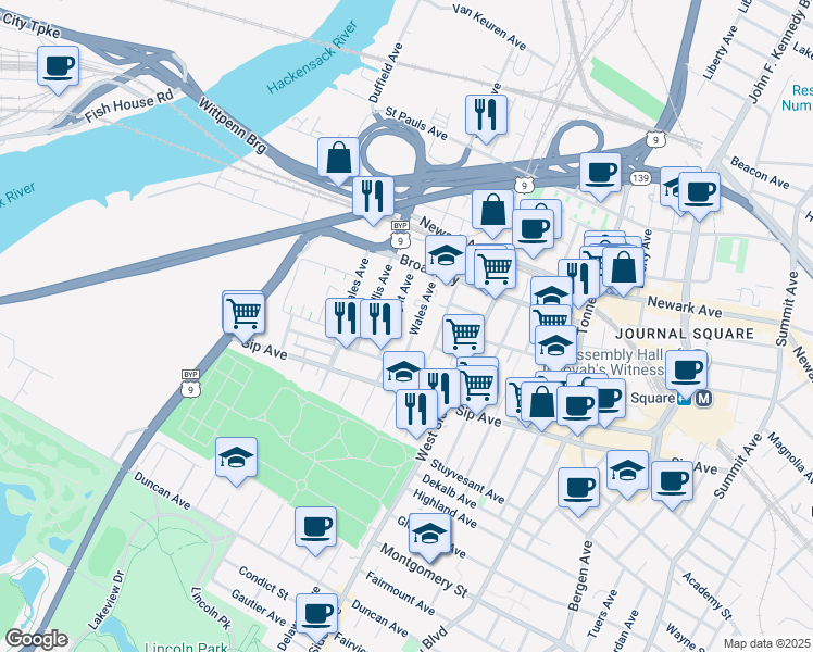 map of restaurants, bars, coffee shops, grocery stores, and more near 49 Wright Avenue in Jersey City