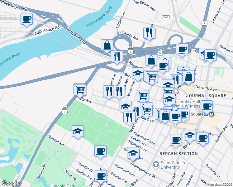 map of restaurants, bars, coffee shops, grocery stores, and more near 46 Dales Avenue in Jersey City