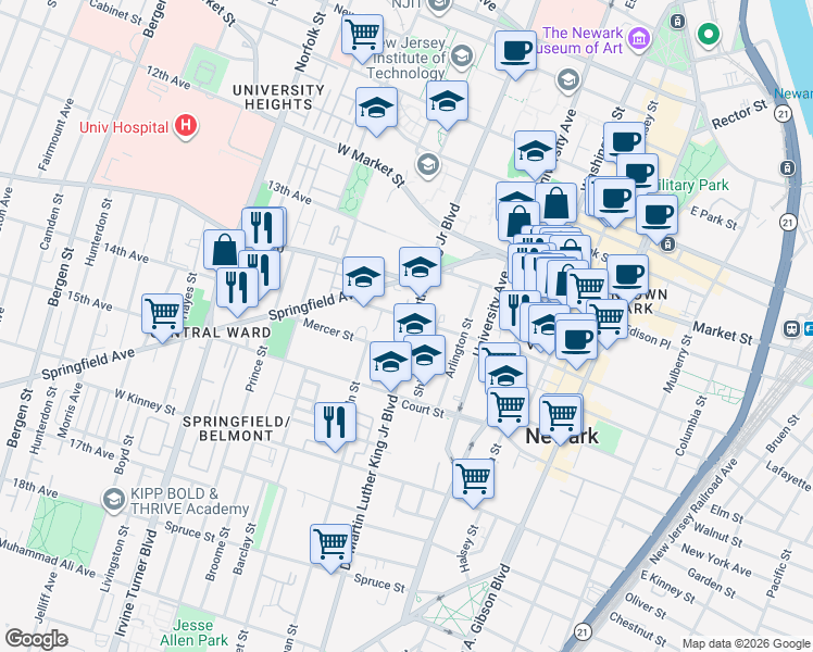 map of restaurants, bars, coffee shops, grocery stores, and more near 59 Springfield Avenue in Newark