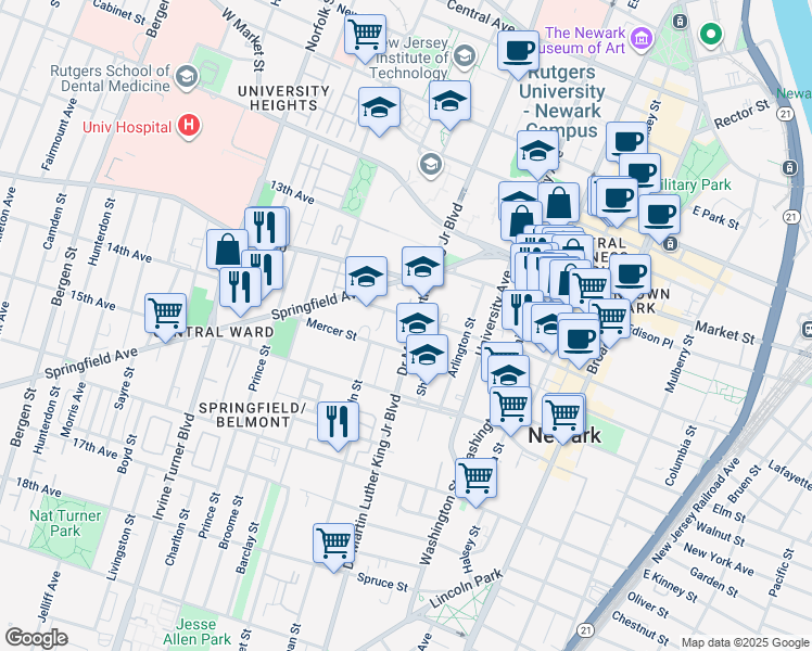 map of restaurants, bars, coffee shops, grocery stores, and more near 59 Springfield Avenue in Newark
