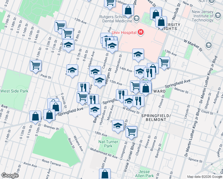 map of restaurants, bars, coffee shops, grocery stores, and more near 340 15th Avenue in Newark