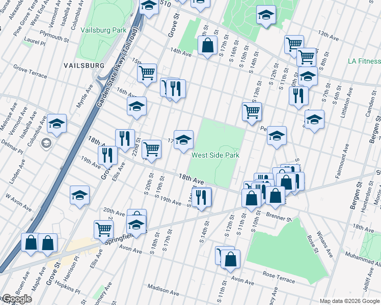map of restaurants, bars, coffee shops, grocery stores, and more near 599 South 17th Street in Newark