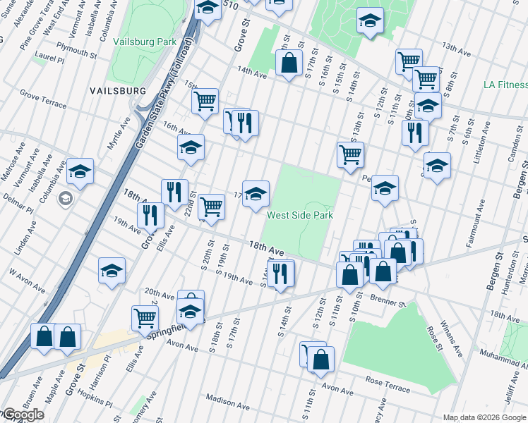 map of restaurants, bars, coffee shops, grocery stores, and more near 599 South 17th Street in Newark