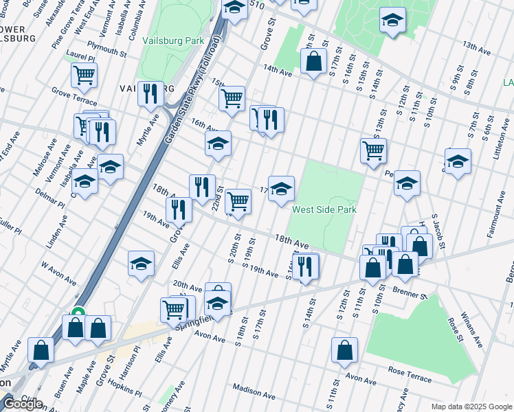 map of restaurants, bars, coffee shops, grocery stores, and more near 617 South 20th Street in Newark