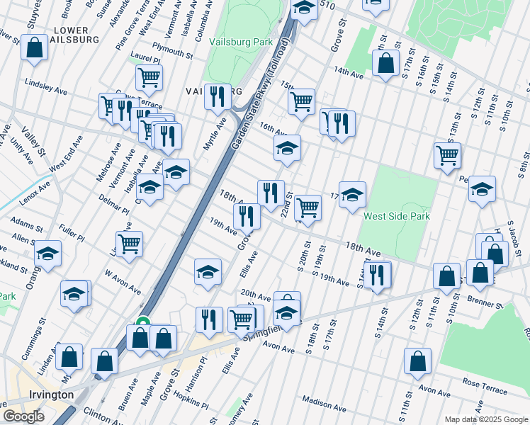 map of restaurants, bars, coffee shops, grocery stores, and more near 648 Grove Street in Irvington