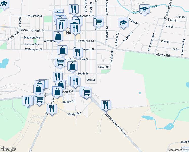 map of restaurants, bars, coffee shops, grocery stores, and more near 357 South New Street in Nazareth