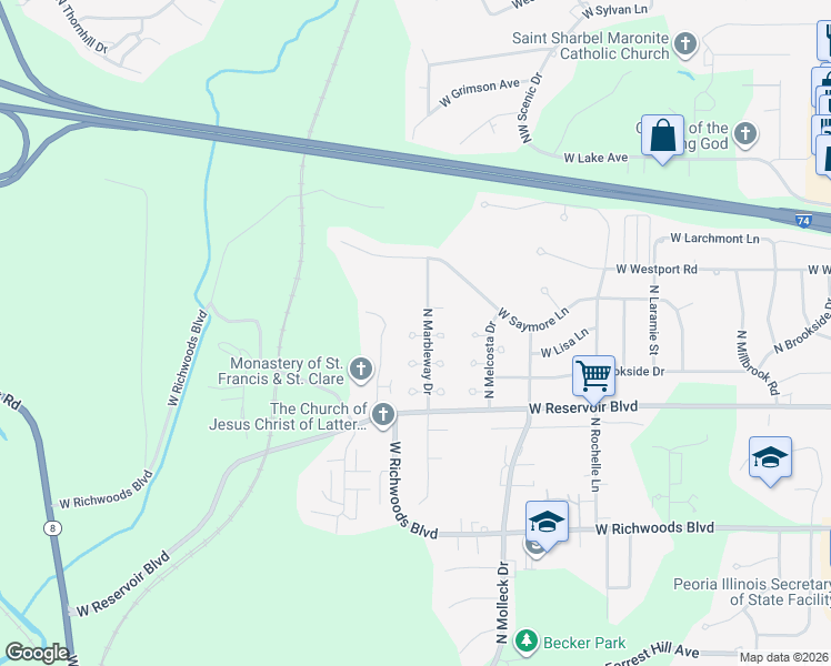 map of restaurants, bars, coffee shops, grocery stores, and more near 3917 North Marbleway Drive in Peoria