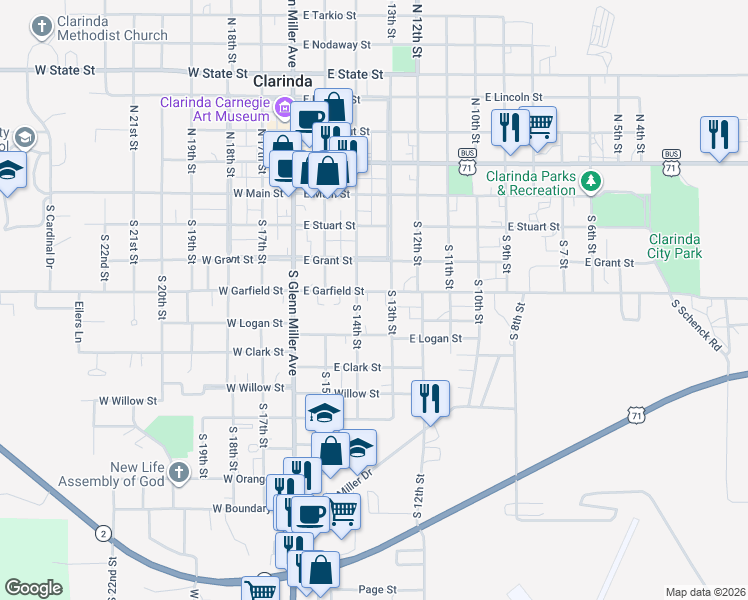 map of restaurants, bars, coffee shops, grocery stores, and more near 301-399 S 13th St in Clarinda