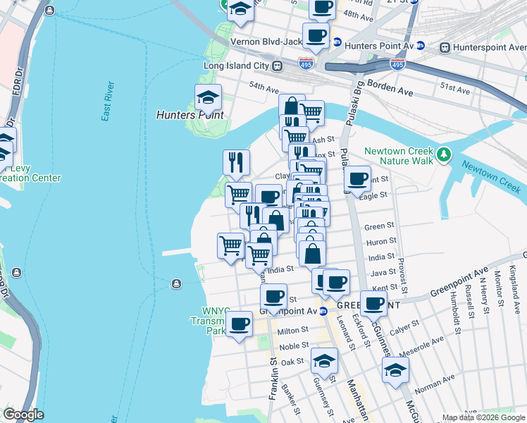 map of restaurants, bars, coffee shops, grocery stores, and more near 78 Eagle Street in Brooklyn