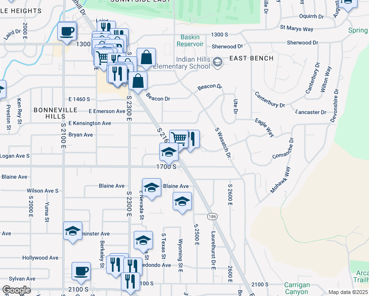 map of restaurants, bars, coffee shops, grocery stores, and more near 1591 Foothill Drive in Salt Lake City