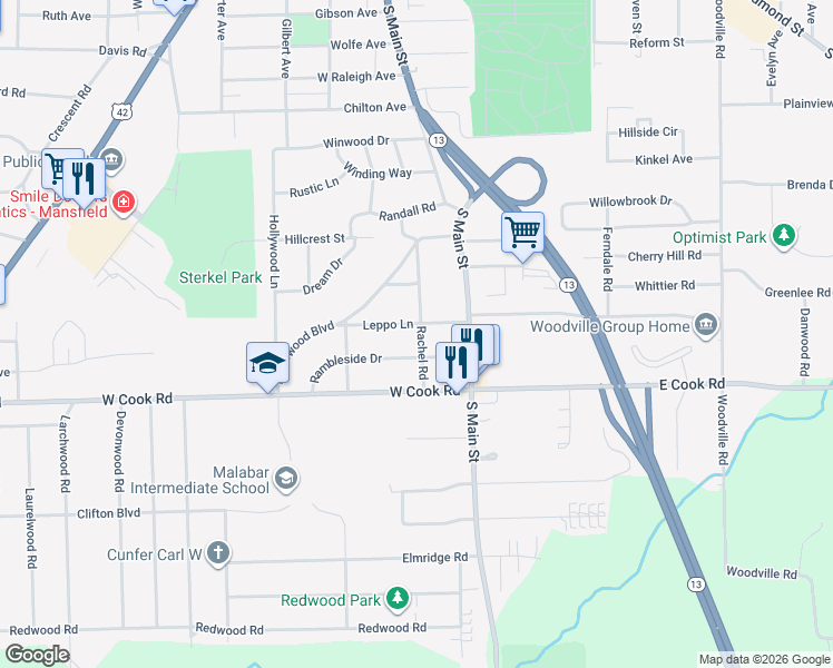 map of restaurants, bars, coffee shops, grocery stores, and more near 44 Leppo Lane in Mansfield