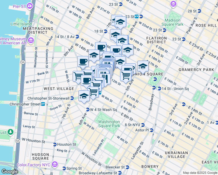 map of restaurants, bars, coffee shops, grocery stores, and more near 58 West 11th Street in New York