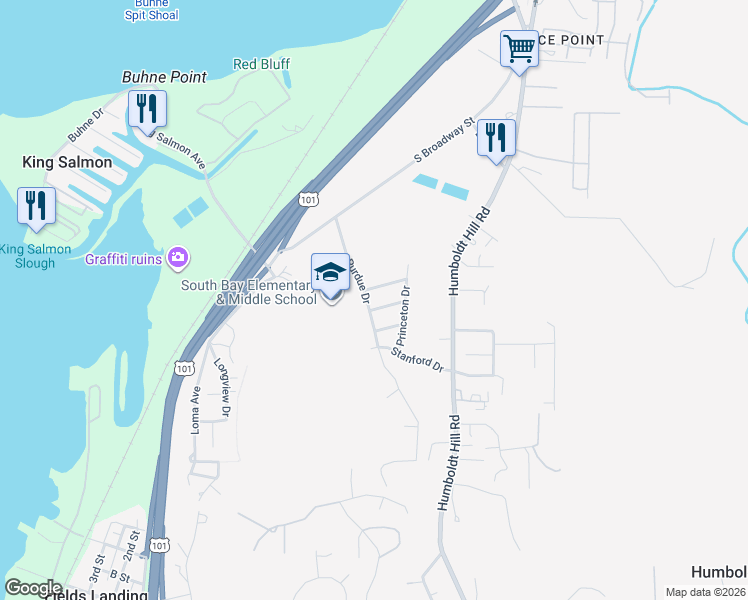 map of restaurants, bars, coffee shops, grocery stores, and more near 6075 Purdue Dr in Eureka