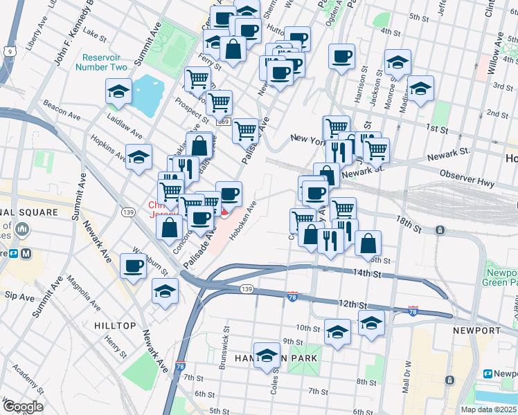 map of restaurants, bars, coffee shops, grocery stores, and more near 675 Monmouth Street in Jersey City