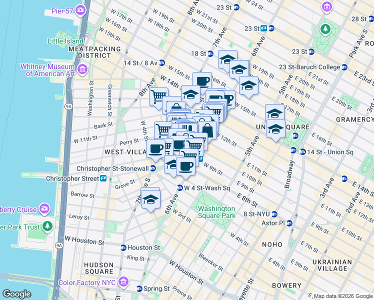 map of restaurants, bars, coffee shops, grocery stores, and more near 126 West 11th Street in New York