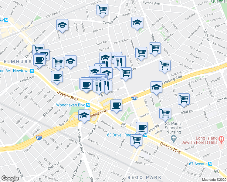 map of restaurants, bars, coffee shops, grocery stores, and more near 57-12 94th Street in Queens