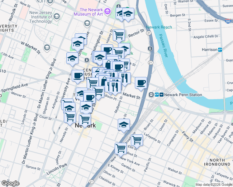 map of restaurants, bars, coffee shops, grocery stores, and more near 111 Mulberry Street in Newark