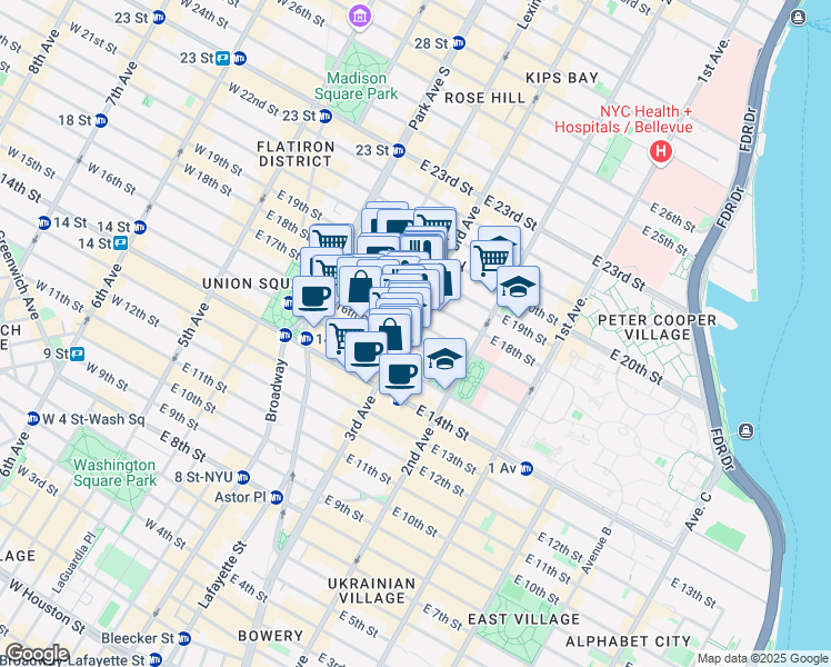 map of restaurants, bars, coffee shops, grocery stores, and more near 192 3rd Avenue in New York