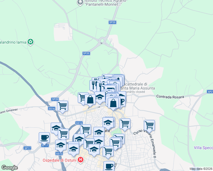 map of restaurants, bars, coffee shops, grocery stores, and more near 95 Via Clemente Leonardo in Ostuni