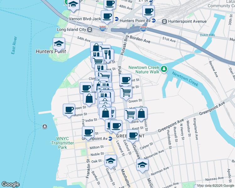 map of restaurants, bars, coffee shops, grocery stores, and more near 187 Eagle Street in Brooklyn