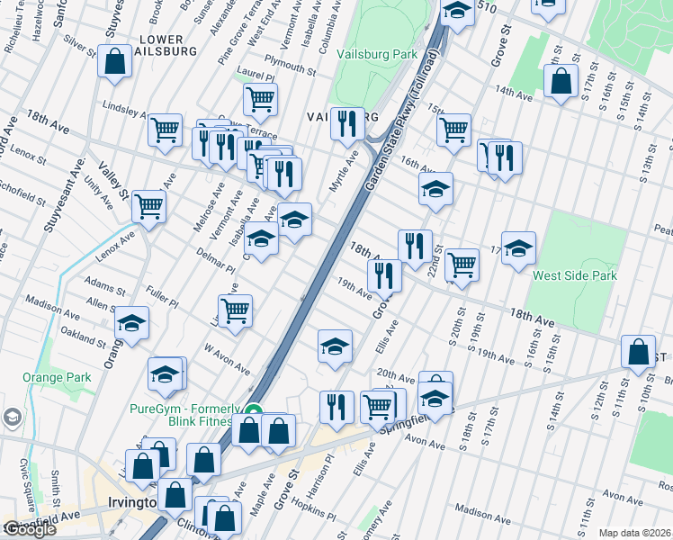 map of restaurants, bars, coffee shops, grocery stores, and more near 248 Eastern Parkway in Irvington