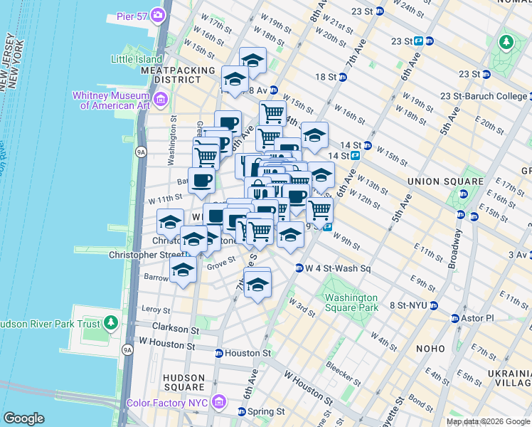 map of restaurants, bars, coffee shops, grocery stores, and more near 36 Perry Street in New York