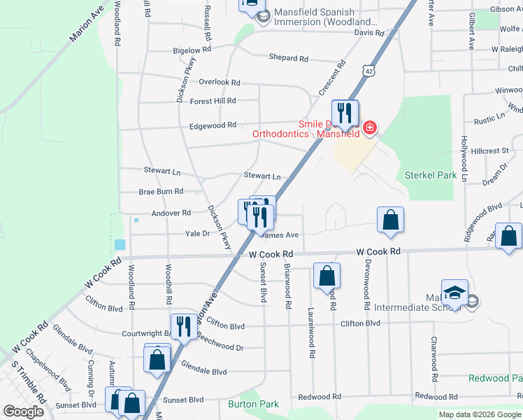 map of restaurants, bars, coffee shops, grocery stores, and more near 800 Lexington Avenue in Mansfield