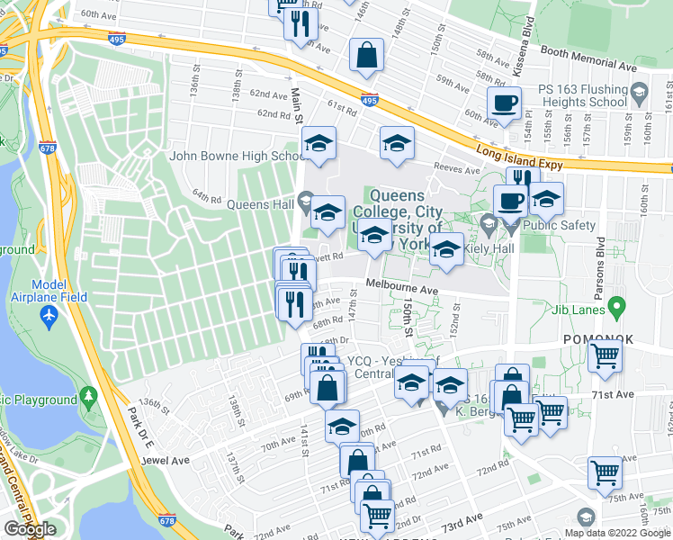 map of restaurants, bars, coffee shops, grocery stores, and more near 144-40 Gravett Road in Queens