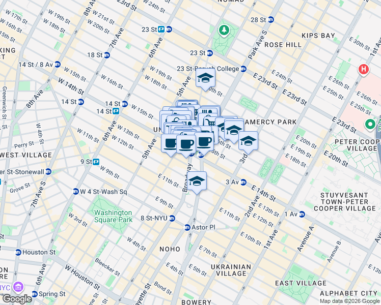 map of restaurants, bars, coffee shops, grocery stores, and more near 50 East 14th Street in New York