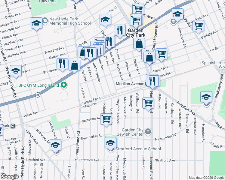 map of restaurants, bars, coffee shops, grocery stores, and more near 91 5th Avenue in New Hyde Park