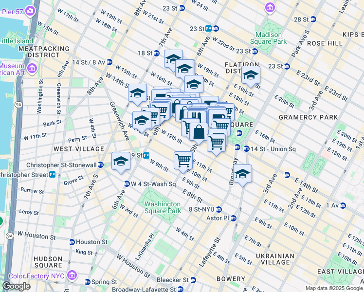 map of restaurants, bars, coffee shops, grocery stores, and more near 20 West 12th Street in New York