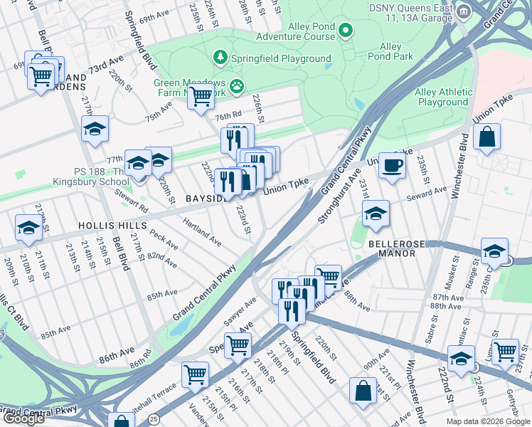 map of restaurants, bars, coffee shops, grocery stores, and more near in Queens