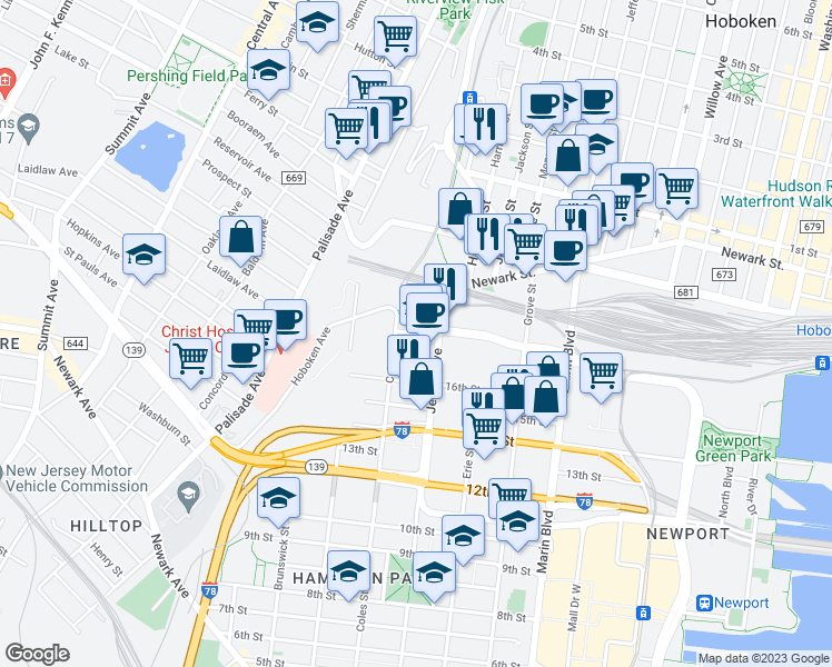 map of restaurants, bars, coffee shops, grocery stores, and more near 853 Jersey Avenue in Jersey City