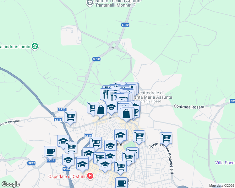 map of restaurants, bars, coffee shops, grocery stores, and more near 95 Via Clemente Leonardo in Ostuni