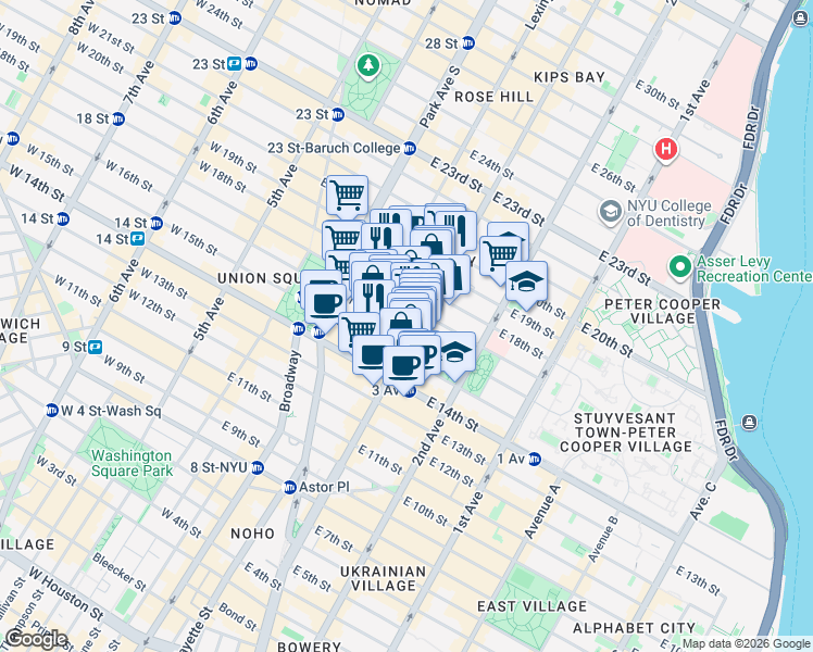 map of restaurants, bars, coffee shops, grocery stores, and more near 192 3rd Avenue in New York