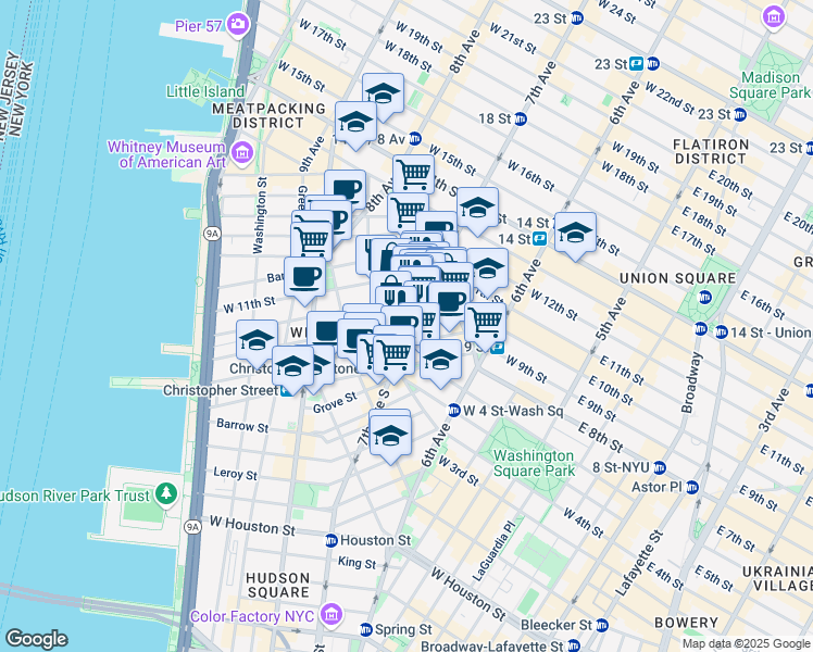 map of restaurants, bars, coffee shops, grocery stores, and more near in New York