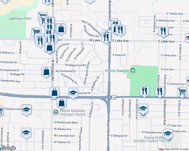 map of restaurants, bars, coffee shops, grocery stores, and more near 309 West Crestwood Drive in Peoria
