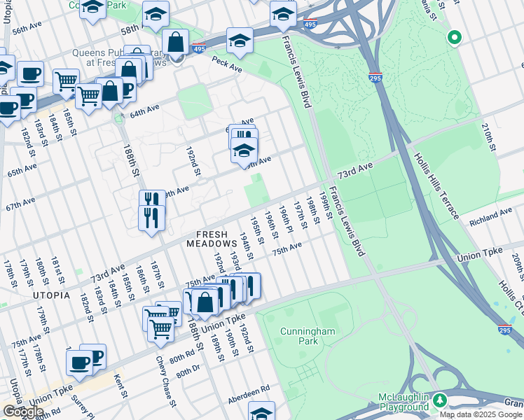 map of restaurants, bars, coffee shops, grocery stores, and more near 73-04 196th Street in Queens