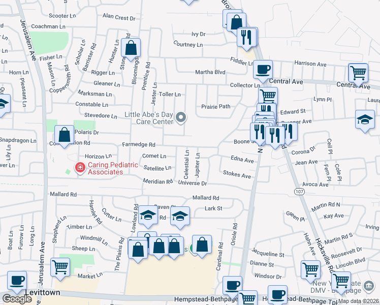 map of restaurants, bars, coffee shops, grocery stores, and more near 72 Farmedge Road in Levittown