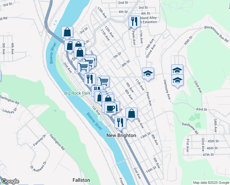 map of restaurants, bars, coffee shops, grocery stores, and more near 605 9th Street in New Brighton