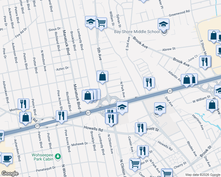 map of restaurants, bars, coffee shops, grocery stores, and more near 6 Hansen Street in Bay Shore