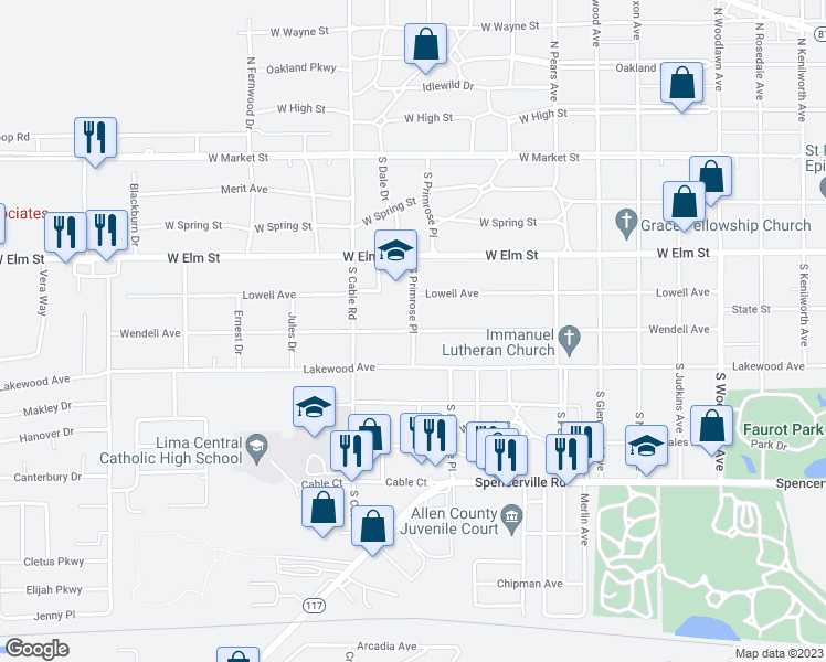 map of restaurants, bars, coffee shops, grocery stores, and more near 498 South Primrose Place in Lima