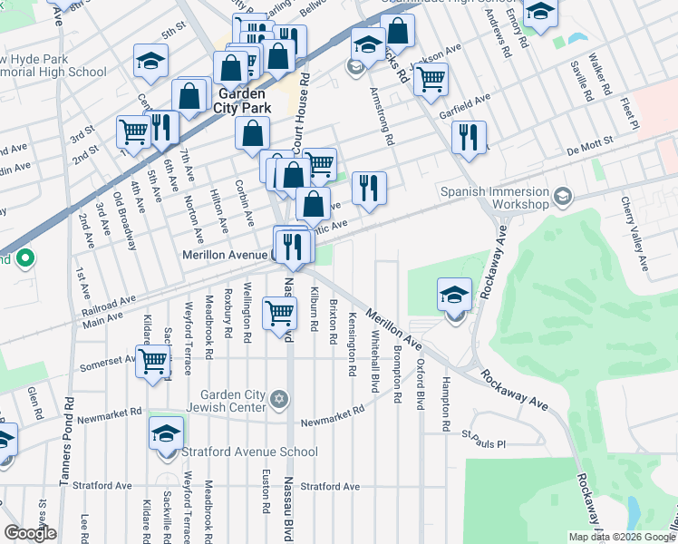 map of restaurants, bars, coffee shops, grocery stores, and more near 225 Brixton Road in Garden City