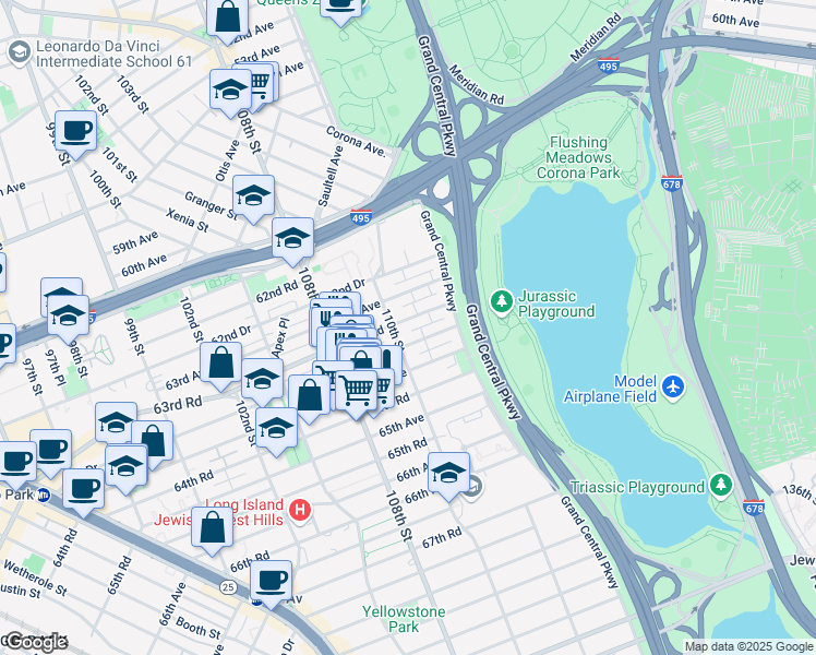 map of restaurants, bars, coffee shops, grocery stores, and more near 63-07 110th Street in Queens