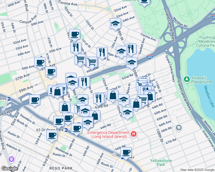 map of restaurants, bars, coffee shops, grocery stores, and more near 102-14 62nd Avenue in Queens