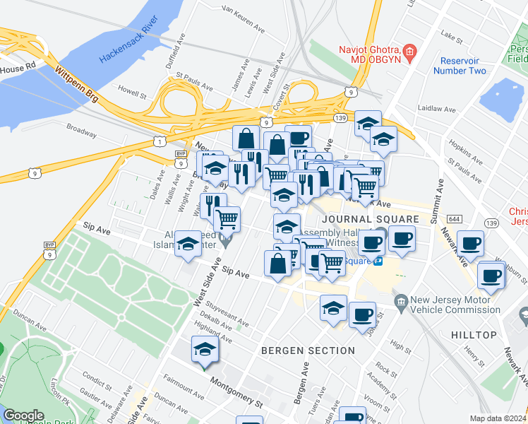 map of restaurants, bars, coffee shops, grocery stores, and more near 130 Corbin Avenue in Jersey City
