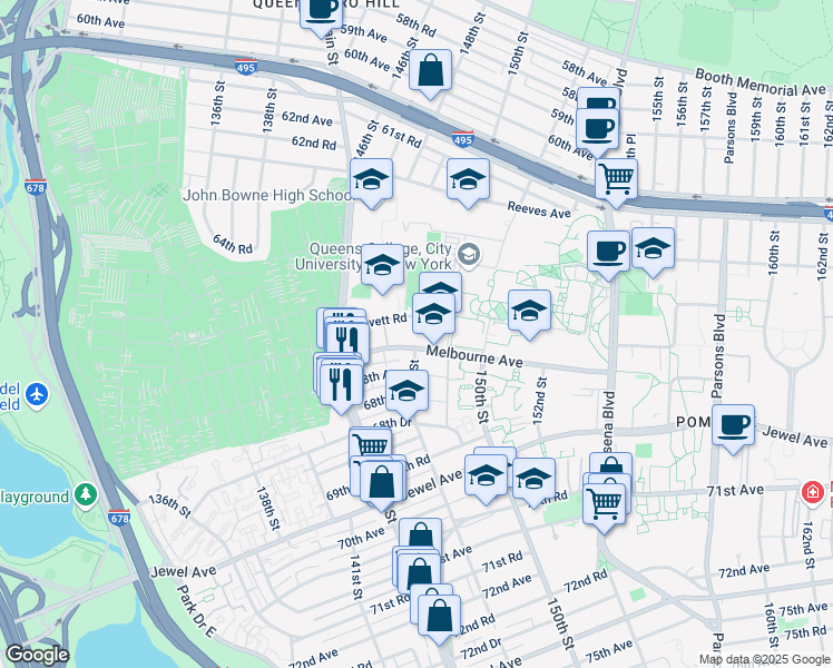 map of restaurants, bars, coffee shops, grocery stores, and more near 144-60 Gravett Road in Queens