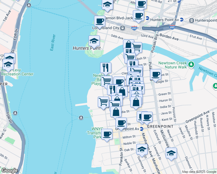 map of restaurants, bars, coffee shops, grocery stores, and more near 49-1 Eagle Street in Brooklyn