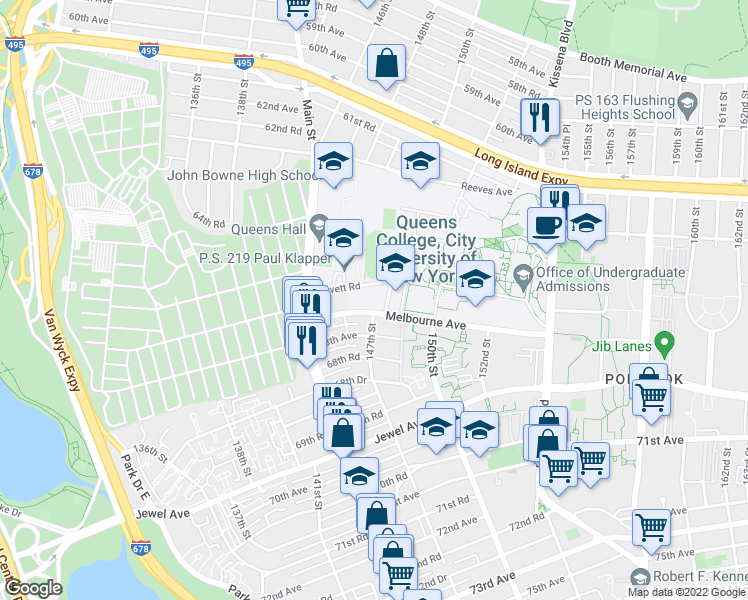 map of restaurants, bars, coffee shops, grocery stores, and more near 144-60 Gravett Road in Queens
