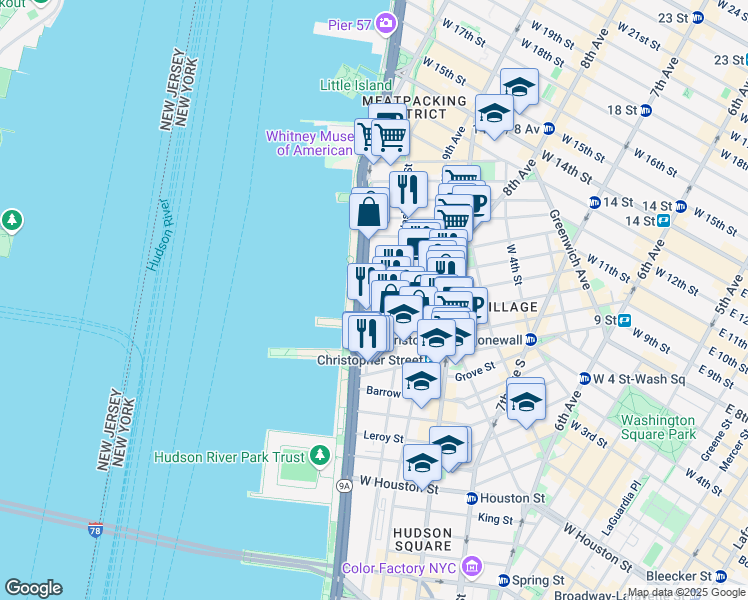 map of restaurants, bars, coffee shops, grocery stores, and more near 377 West 11th Street in New York